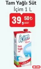 İÇİM TAM YAĞLI SÜT 1 L
